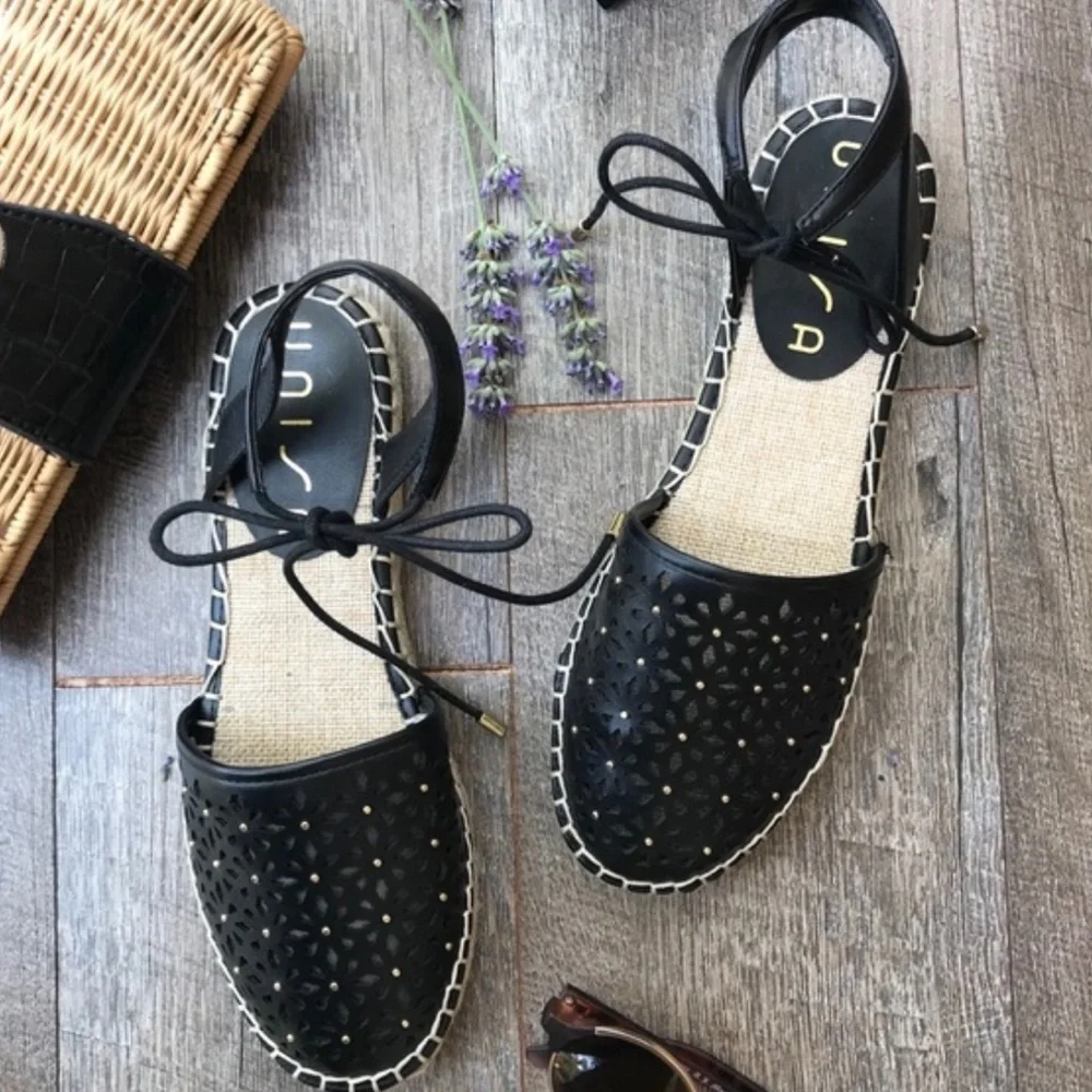 Unisa Cayta Black Floral Cutout Ankle Strap Espadrille​​​
